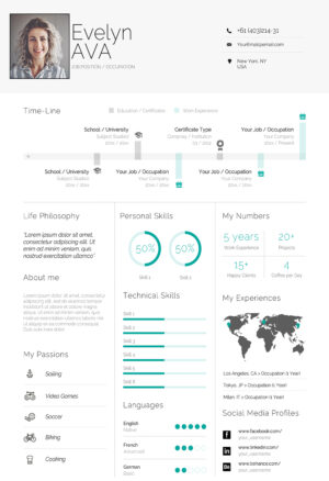 Clean Infographic Resume Template to download in Microsoft Word format, featuring a modern, customizable design with charts, icons, and organized sections for a professional presentation.