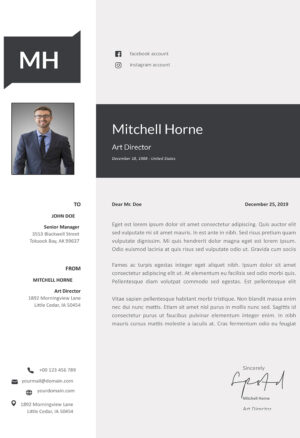 A Creative Minimalist Cover Letter template with a clean, modern design, featuring well-organized sections for contact details, introduction, and professional experience, ideal for job applications.