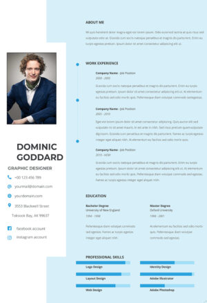 A modern designer CV template with a creative and professional layout, ideal for showcasing design skills and experience in a stylish format.